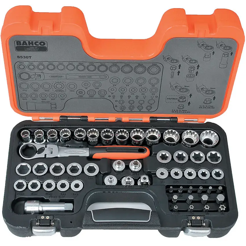 Bahco 3/4in. Drive, Socket Set, Metric, 10mm - 24mm, Set of 53, Matte Finish