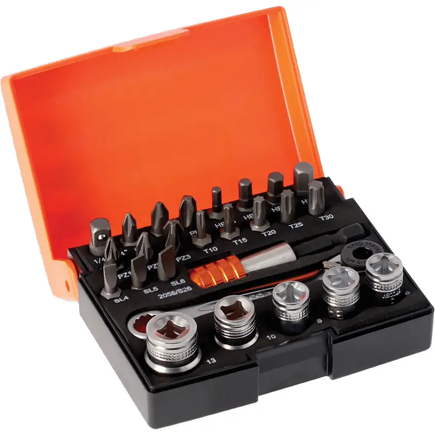 Bahco 1/4in. Drive, Socket and Bit Set, Metric, 4mm - 8mm, Set of 26, Polished Finish