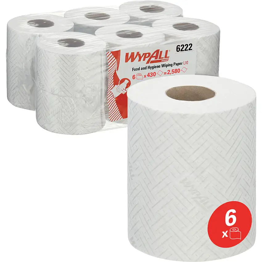 Wypall L10 Food & Hygiene, White, Centrefeed, Centrefeed Wiper Roll, 1 Ply, 6 Rolls
