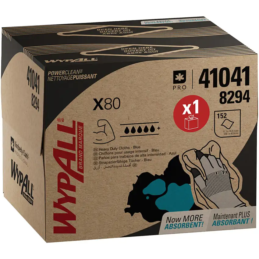 Wypall X80 Power Clean™, Blue, Brag Box, Wiper Cloths, 1 Ply, 1 Roll