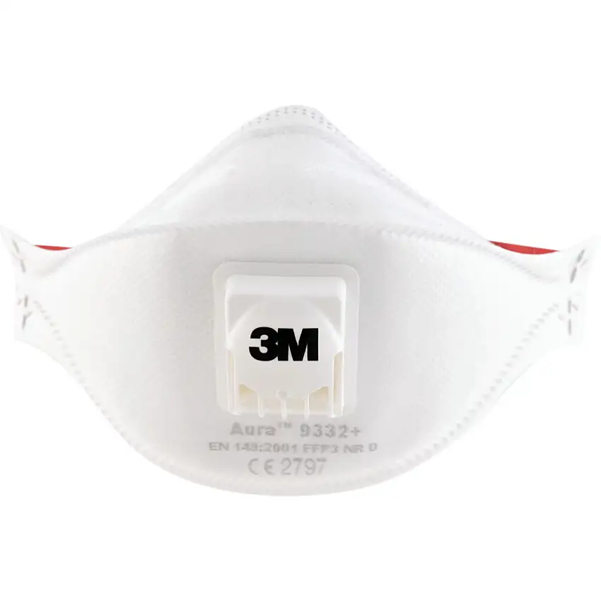 3M Aura 9332+ Disposable Mask, Valved, White;Red, FFP3, Filters Dust/Mist/Particulates, Pack of 10