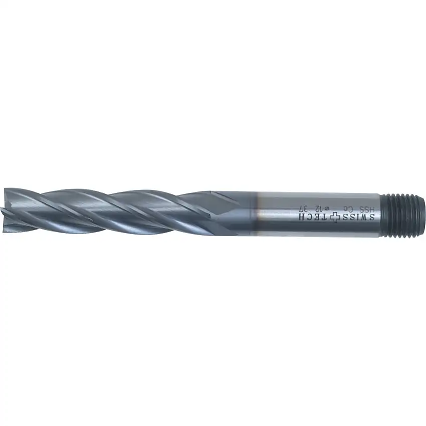 SwissTech 37, End Mill, Long, Threaded Shank, 10mm, Cobalt High Speed Steel, TiCN